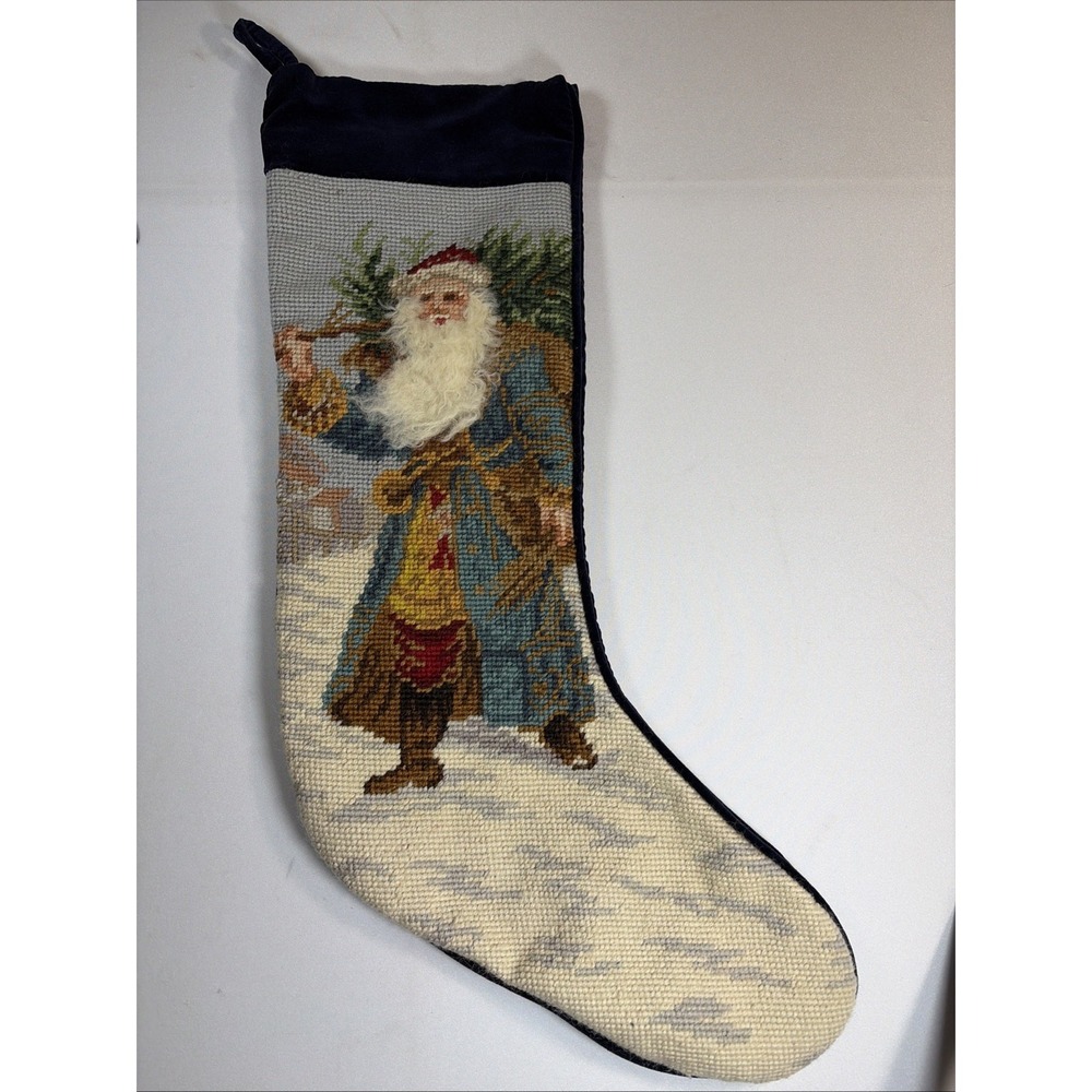 Vintage Needlepoint Stocking Fuzzy Santa Claus Father Christmas Carrying Tree